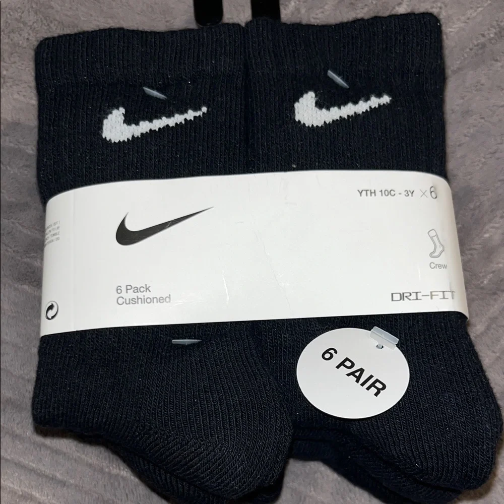 Nike Black Crew Socks with White Swoosh - Kids 6-Pack